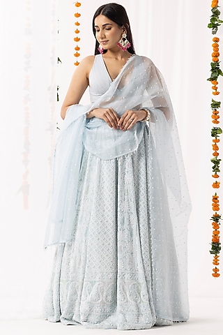 Ice Blue Pure Georgette Chikankari Embroidered Lehenga Set by Nyara by Nicky Chawla