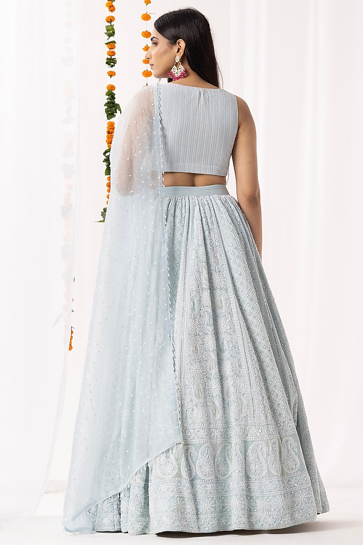 Ice Blue Pure Georgette Chikankari Embroidered Wedding Lehenga Set by Nyara by Nicky Chawla at Pernia's Pop Up Shop