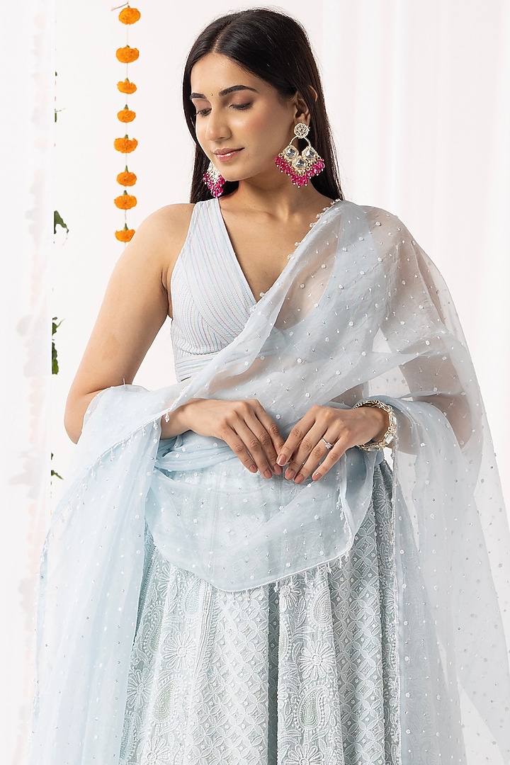 Ice Blue Pure Georgette Chikankari Embroidered Wedding Lehenga Set by Nyara by Nicky Chawla at Pernia's Pop Up Shop