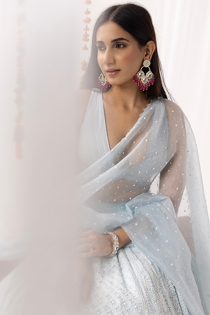 Ice Blue Pure Georgette Chikankari Embroidered Wedding Lehenga Set by Nyara by Nicky Chawla at Pernia's Pop Up Shop