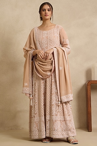 Brown Pure Georgette Chikankari Embroidered Anarkali Set by Nyara by Nicky Chawla