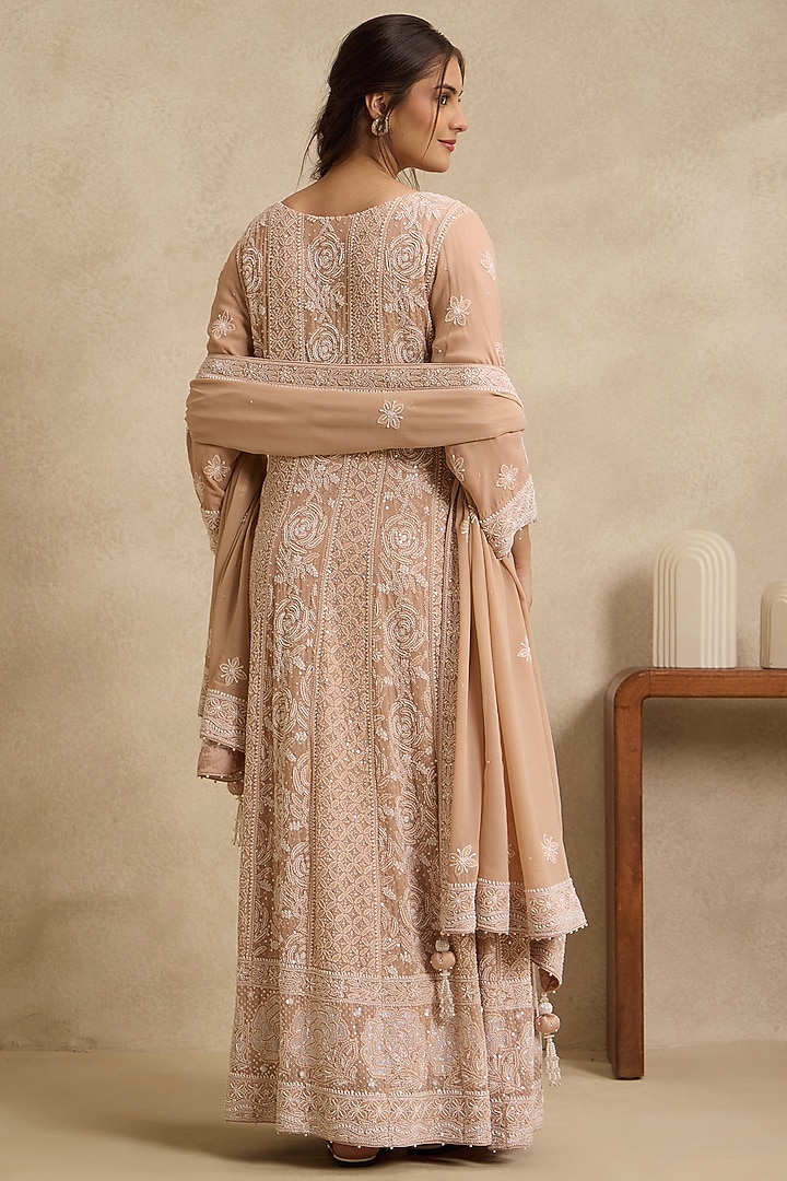 Brown Pure Georgette Chikankari Embroidered Bridal Anarkali Set by Nyara by Nicky Chawla at Pernia's Pop Up Shop