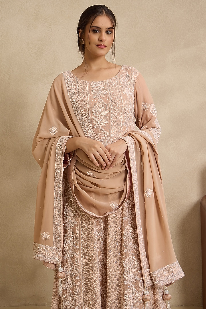 Brown Pure Georgette Chikankari Embroidered Bridal Anarkali Set by Nyara by Nicky Chawla at Pernia's Pop Up Shop