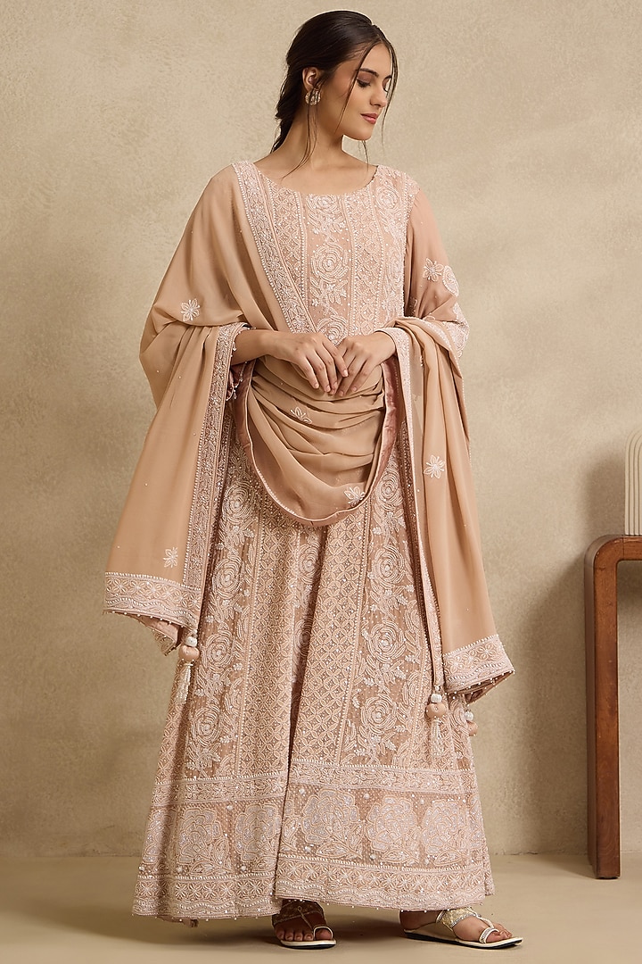 Brown Pure Georgette Chikankari Embroidered Bridal Anarkali Set by Nyara by Nicky Chawla at Pernia's Pop Up Shop