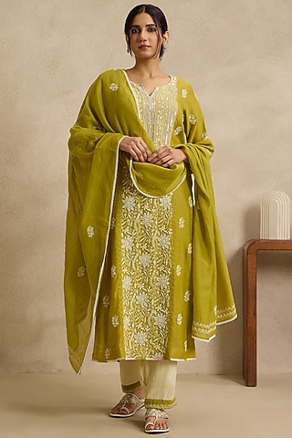 Mehndi Green Mal Chanderi Silk Chikankari Embroidered Kurta Set by Nyara by Nicky Chawla