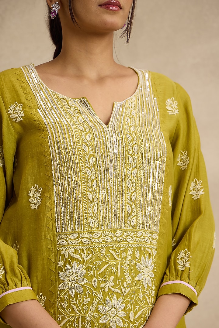 Mehndi Green Mal Chanderi Silk Chikankari Embroidered Kurta Set by Nyara by Nicky Chawla at Pernia's Pop Up Shop