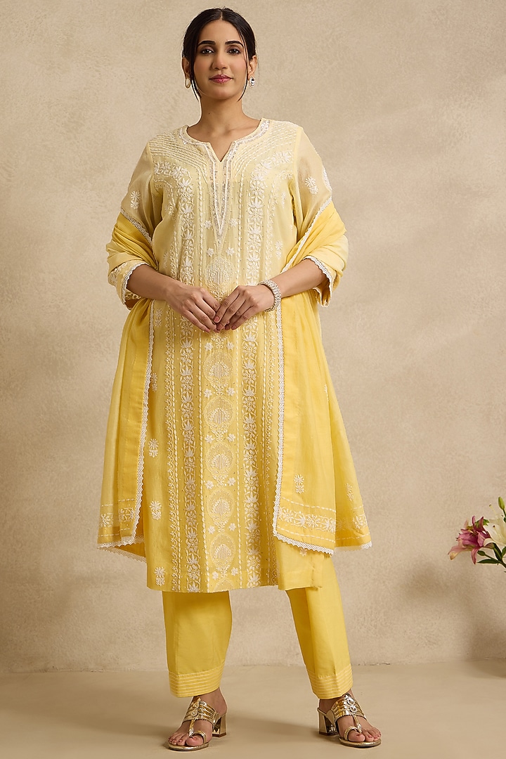 Yellow Maheshwari Silk Chikankari Embroidered Kurta Set by Nyara by Nicky Chawla at Pernia's Pop Up Shop