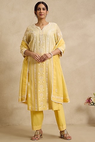 Yellow Maheshwari Silk Chikankari Embroidered Kurta Set by Nyara by Nicky Chawla