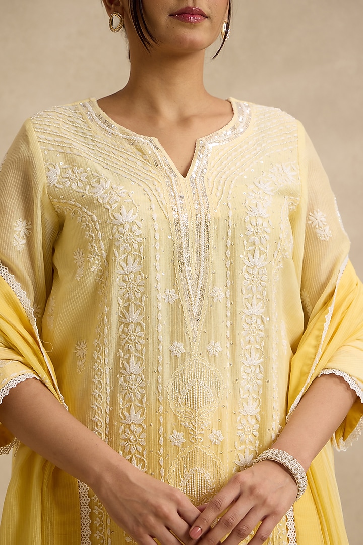 Yellow Maheshwari Silk Chikankari Embroidered Kurta Set by Nyara by Nicky Chawla at Pernia's Pop Up Shop