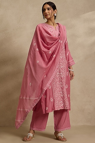 Pink Mal Chanderi Silk Chikankari Embroidered Kurta Set by Nyara by Nicky Chawla