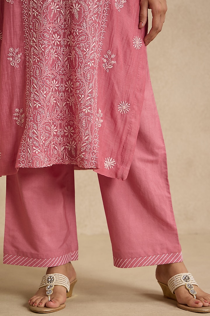 Pink Mal Chanderi Silk Chikankari Embroidered Kurta Set by Nyara by Nicky Chawla at Pernia's Pop Up Shop