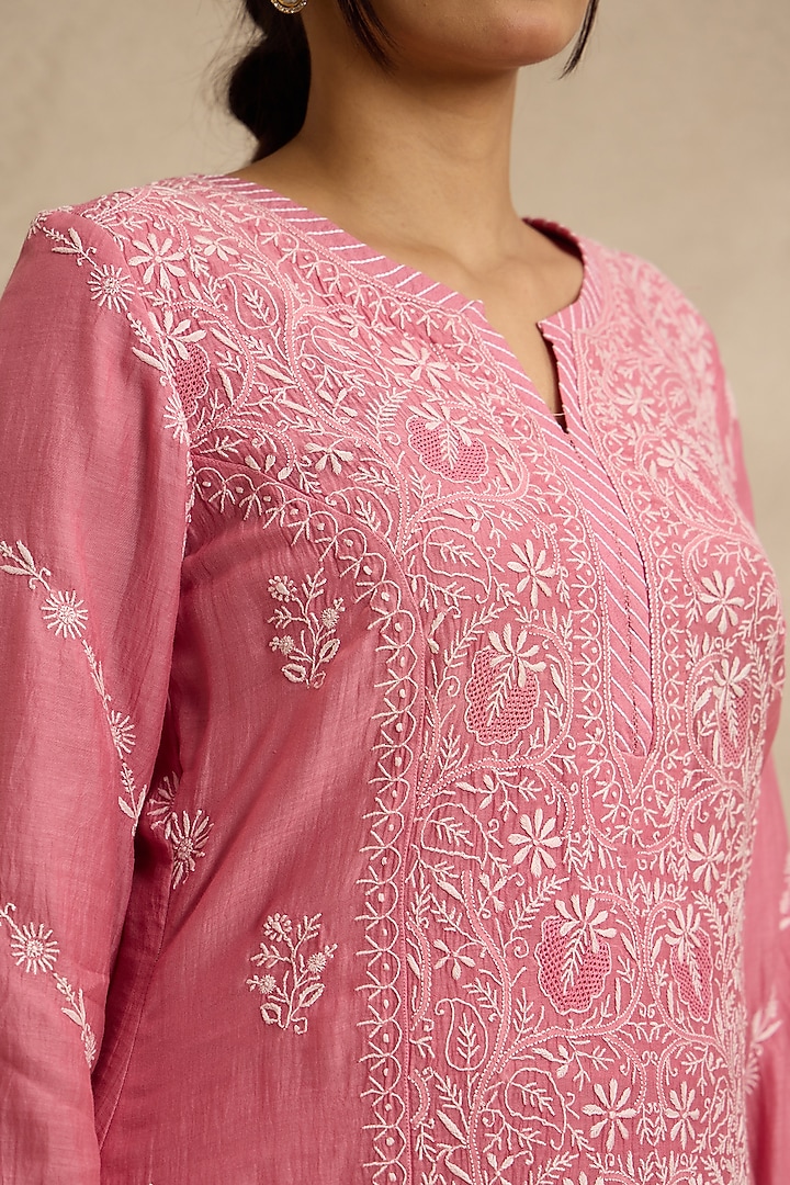 Pink Mal Chanderi Silk Chikankari Embroidered Kurta Set by Nyara by Nicky Chawla at Pernia's Pop Up Shop