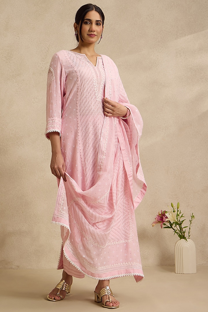 Pink Mal Chanderi Silk Chikankari Embroidered Kurta Set by Nyara by Nicky Chawla at Pernia's Pop Up Shop