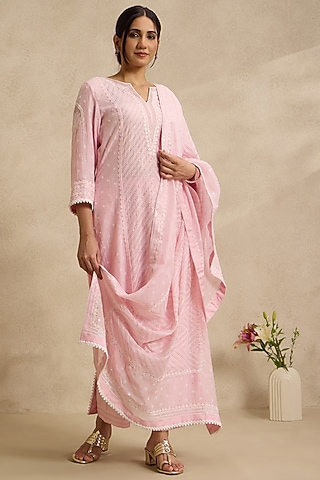 Pink Mal Chanderi Silk Chikankari Embroidered Kurta Set by Nyara by Nicky Chawla