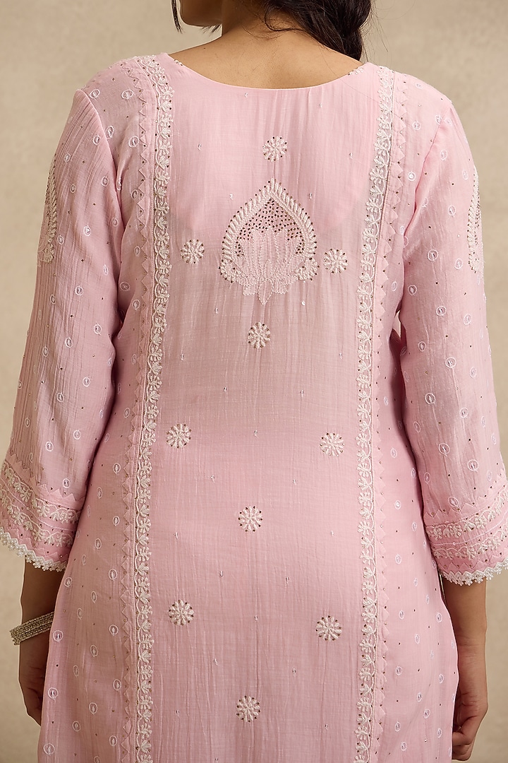Pink Mal Chanderi Silk Chikankari Embroidered Kurta Set by Nyara by Nicky Chawla at Pernia's Pop Up Shop