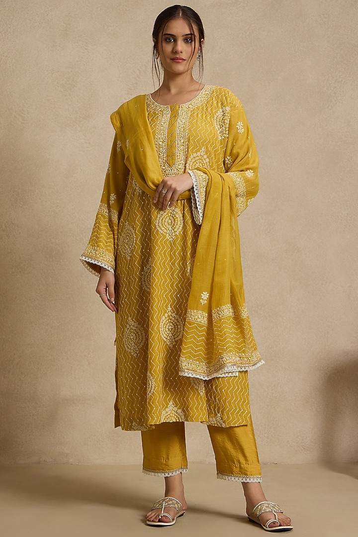 Mustard Yellow Mal Chanderi Silk Chikankari Embroidered Kurta Set by Nyara by Nicky Chawla at Pernia's Pop Up Shop