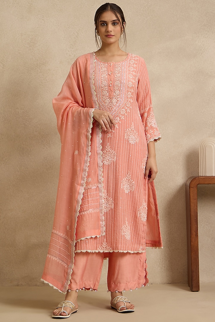 Peach Yellow Mal Chanderi Silk Chikankari Embroidered Kurta Set by Nyara by Nicky Chawla at Pernia's Pop Up Shop