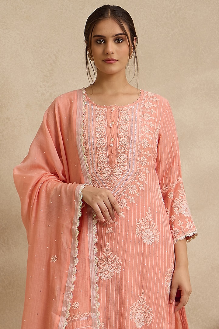 Peach Yellow Mal Chanderi Silk Chikankari Embroidered Kurta Set by Nyara by Nicky Chawla at Pernia's Pop Up Shop