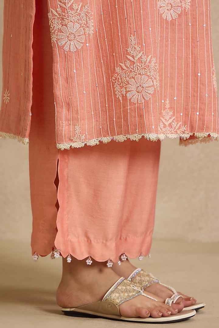 Peach Yellow Mal Chanderi Silk Chikankari Embroidered Kurta Set by Nyara by Nicky Chawla at Pernia's Pop Up Shop