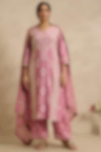 Onion Pink Mal Chanderi Silk Chikankari Embroidered Kurta Set by Nyara by Nicky Chawla at Pernia's Pop Up Shop