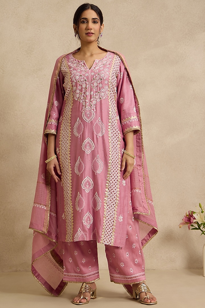 Onion Pink Mal Chanderi Silk Chikankari Embroidered Kurta Set by Nyara by Nicky Chawla at Pernia's Pop Up Shop