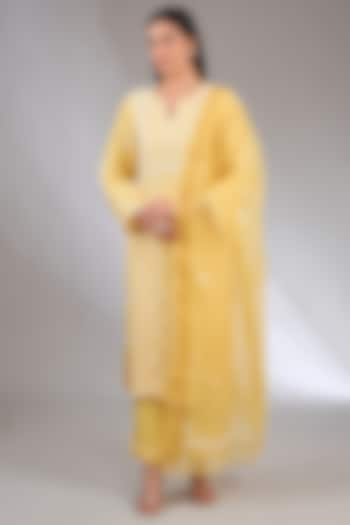 Yellow Khadi Linen Embroidered Chikankari Kurta Set by NYARA at Pernia's Pop Up Shop