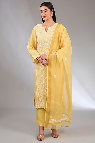 Yellow Khadi Linen Embroidered Chikankari Kurta Set by Nyara by Nicky Chawla