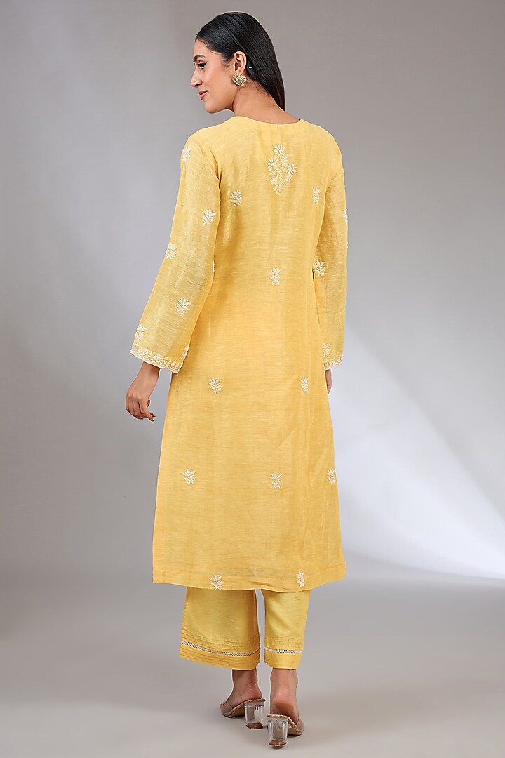 Yellow Khadi Linen Embroidered Chikankari Kurta Set by Nyara by Nicky Chawla at Pernia's Pop Up Shop