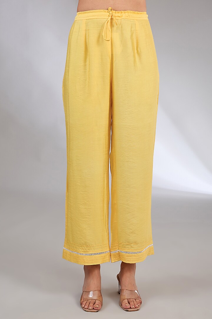 Yellow Khadi Linen Embroidered Chikankari Kurta Set by Nyara by Nicky Chawla at Pernia's Pop Up Shop
