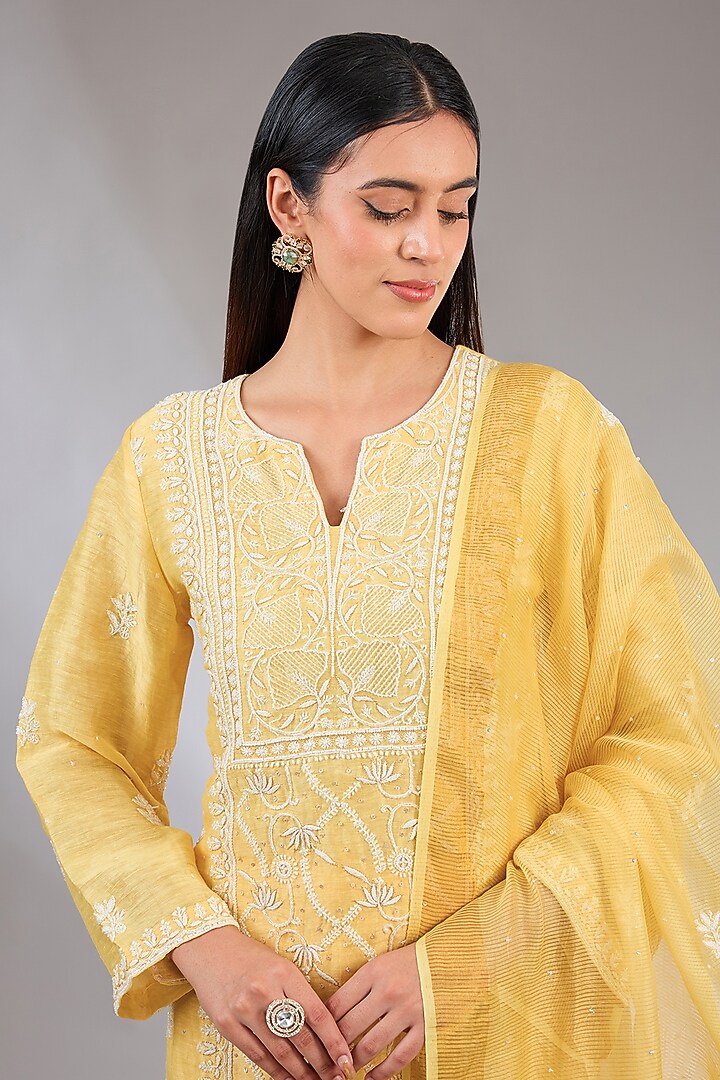 Yellow Khadi Linen Embroidered Chikankari Kurta Set by Nyara by Nicky Chawla at Pernia's Pop Up Shop