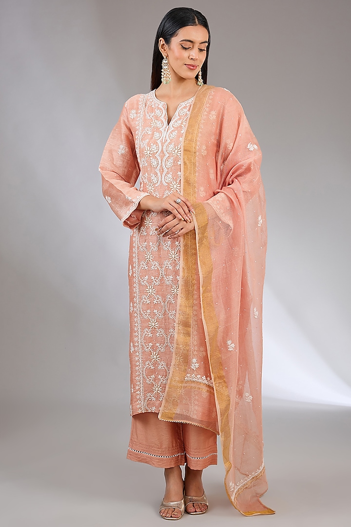 Peach Khadi Linen Embroidered Chikankari Kurta Set by NYARA at Pernia's Pop Up Shop