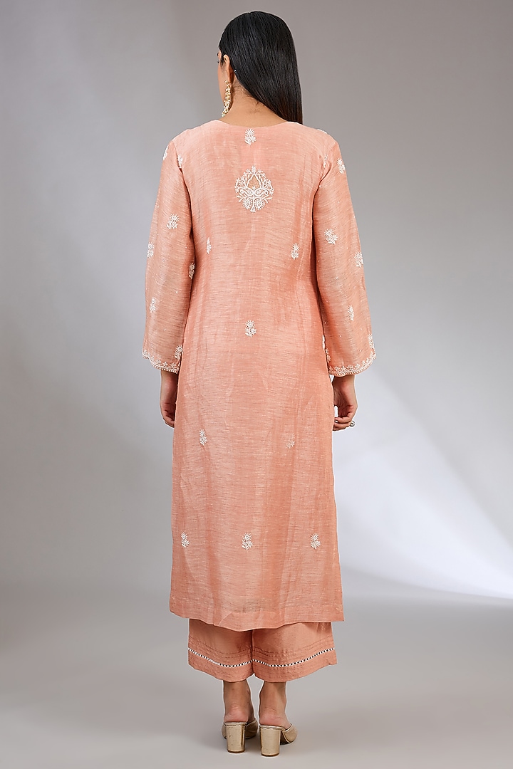 Peach Khadi Linen Embroidered Chikankari Kurta Set by Nyara by Nicky Chawla at Pernia's Pop Up Shop