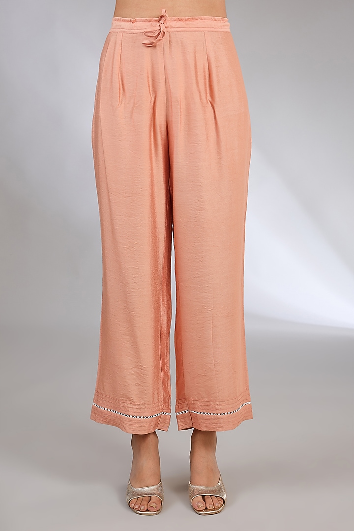 Peach Khadi Linen Embroidered Chikankari Kurta Set by Nyara by Nicky Chawla at Pernia's Pop Up Shop