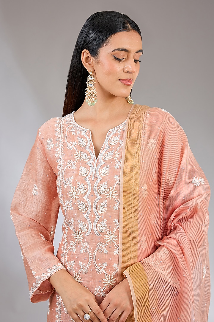 Peach Khadi Linen Embroidered Chikankari Kurta Set by Nyara by Nicky Chawla at Pernia's Pop Up Shop