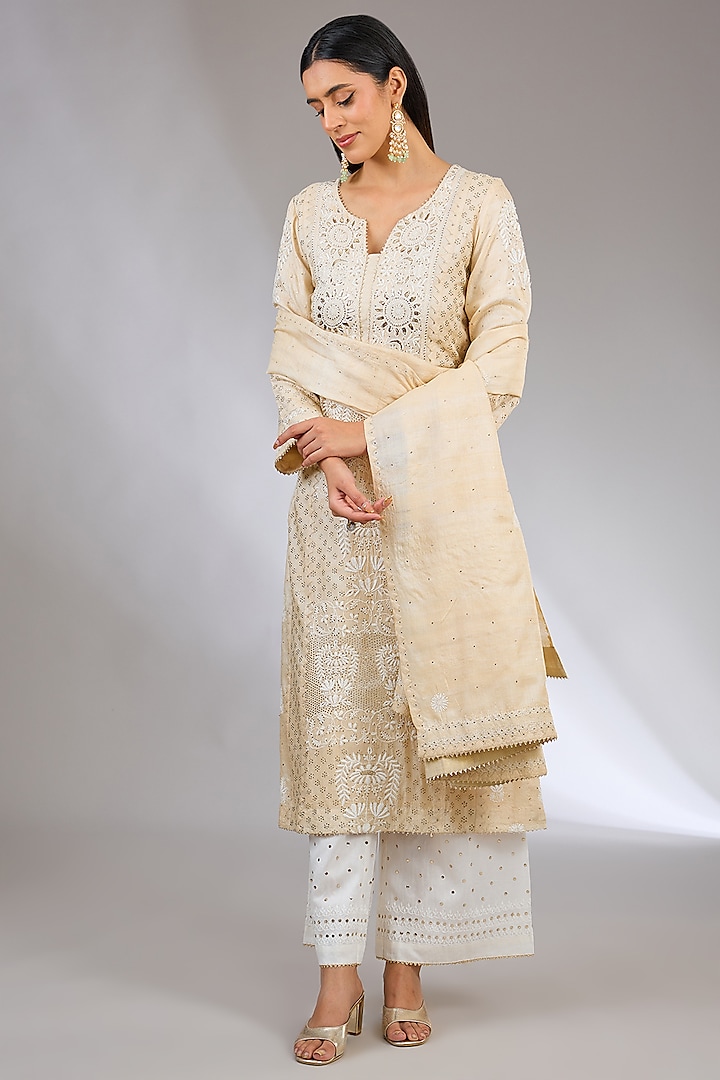 Beige Tussar Mukaish Embroidered Chikankari Kurta Set by NYARA