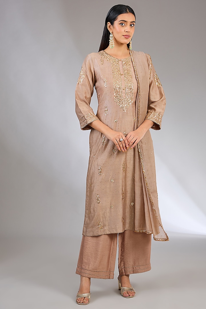 Brown Chanderi Silk Mukaish Kamdani Work Kurta Set by NYARA at Pernia's Pop Up Shop