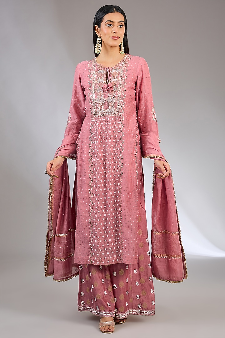 Pink Chanderi Silk Chikankari Sharara Set by NYARA at Pernia's Pop Up Shop