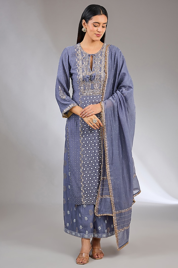 Blue Chanderi Silk Chikankari Sharara Set by Nyara by Nicky Chawla at Pernia's Pop Up Shop