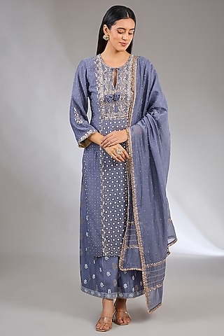 Blue Chanderi Silk Chikankari Sharara Set by Nyara by Nicky Chawla