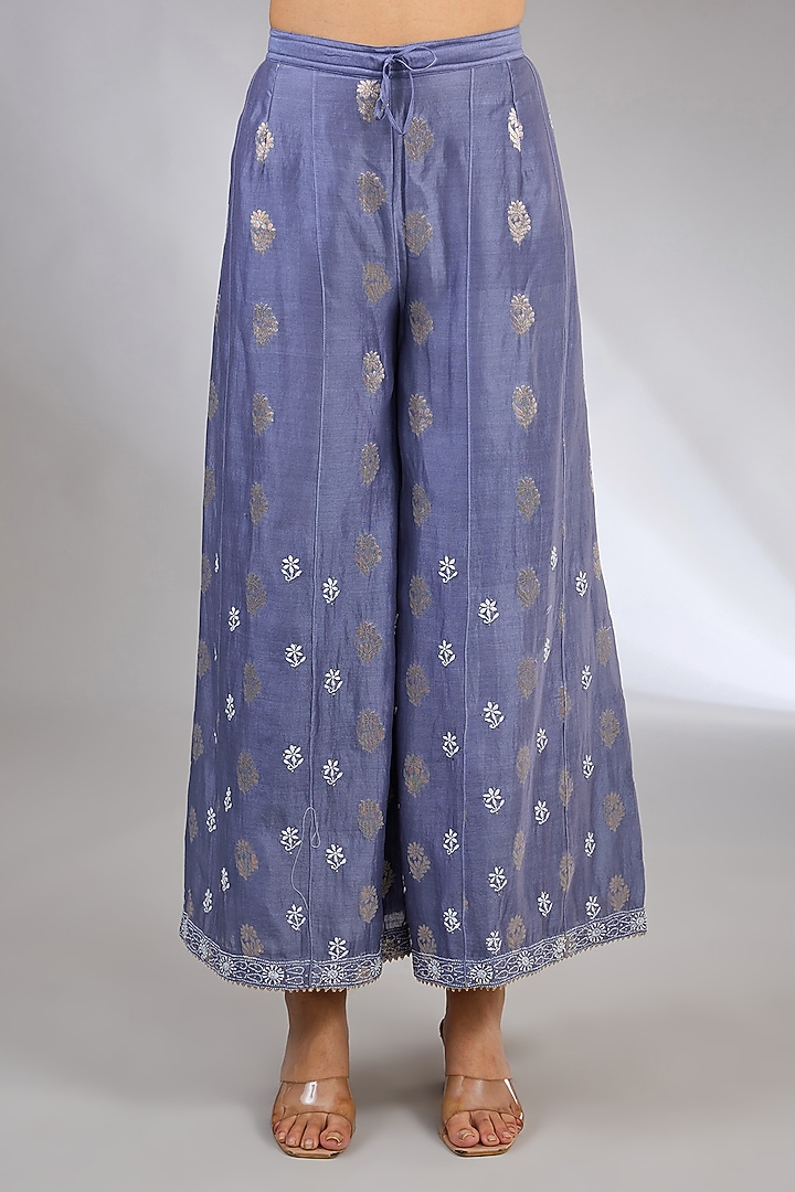 Blue Chanderi Silk Chikankari Party Wear Sharara Set by Nyara by Nicky Chawla at Pernia's Pop Up Shop