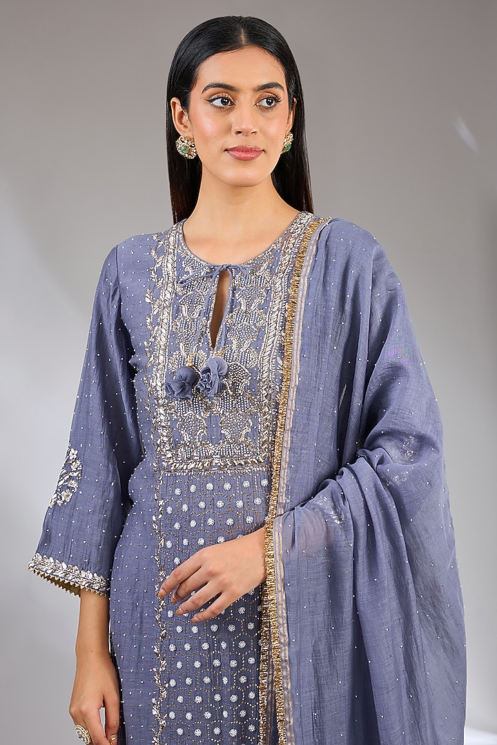 Blue Chanderi Silk Chikankari Party Wear Sharara Set by Nyara by Nicky Chawla at Pernia's Pop Up Shop