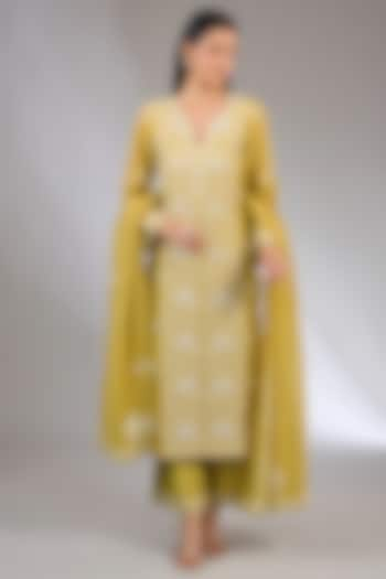 Yellow Mal Chanderi Cutdana Embroidered Chikankari Kurta Set by NYARA