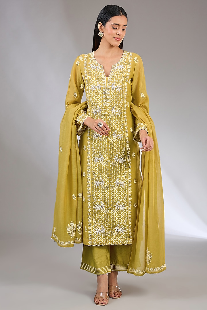 Yellow Mal Chanderi Cutdana Embroidered Chikankari Kurta Set by NYARA