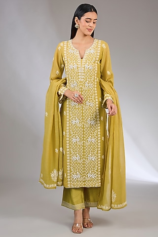 Yellow Mal Chanderi Cutdana Embroidered Chikankari Kurta Set by Nyara by Nicky Chawla
