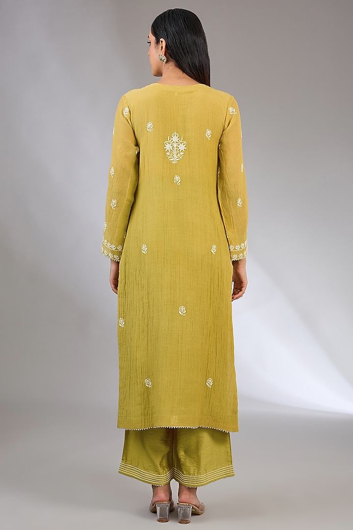 Yellow Mal Chanderi Cutdana Embroidered Chikankari Kurta Set by Nyara by Nicky Chawla at Pernia's Pop Up Shop