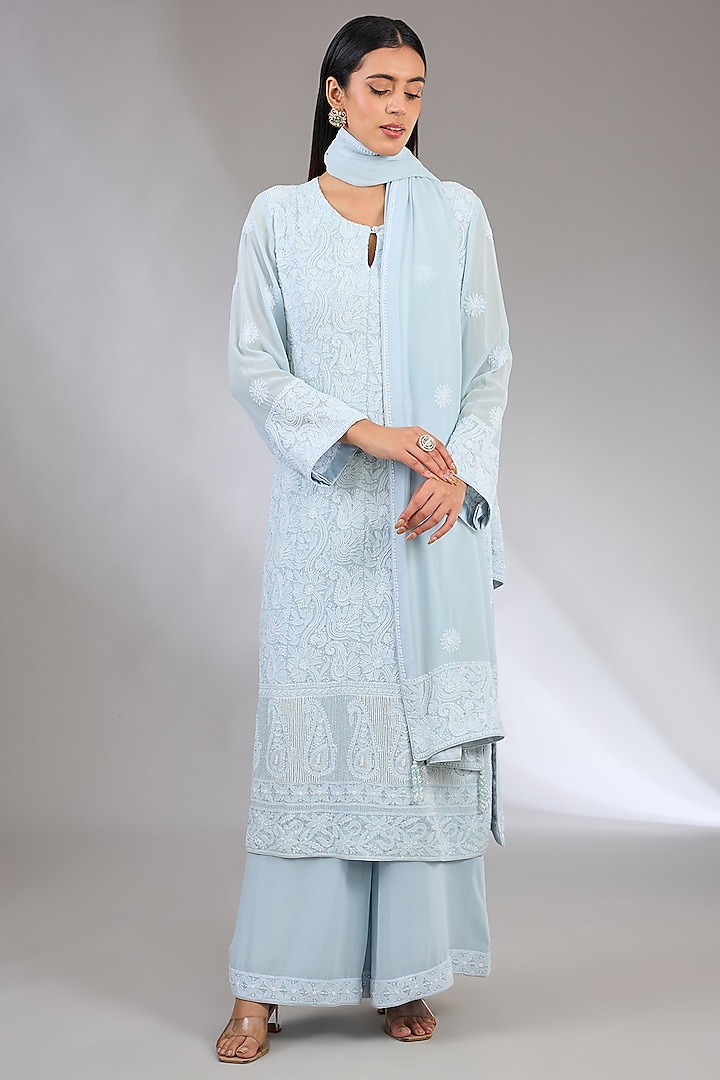 Blue Pure Georgette Cutdana Embroidered Chikankari Kurta Set by NYARA at Pernia's Pop Up Shop