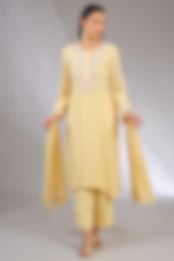 Yellow Pure Georgette Cutdana Embroidered Chikankari Kurta Set by NYARA