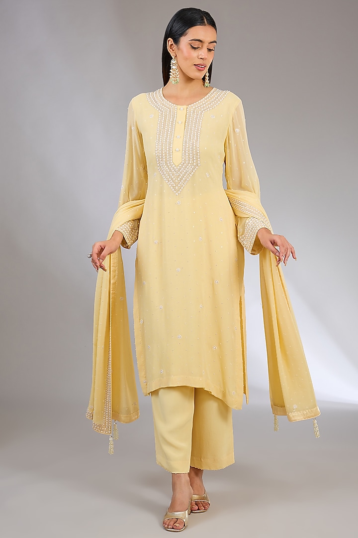 Yellow Pure Georgette Cutdana Embroidered Chikankari Kurta Set by NYARA