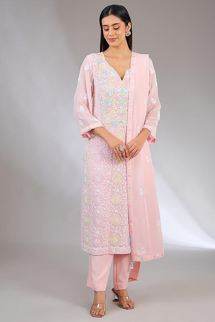 Pink Pure Georgette Cutdana Embroidered Chikankari Kurta Set by NYARA