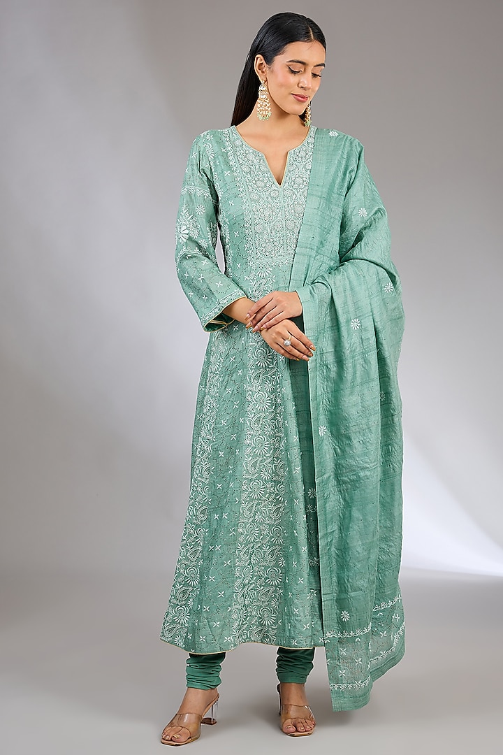 Green Tussar Mukaish Embroidered Chikankari Anarkali Set by NYARA at Pernia's Pop Up Shop